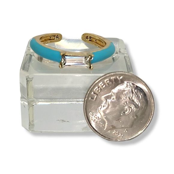 Gold-Tone Baguette White Glass Stone and Blue Enamel Stack Ring Adjustable Size - Picture 2 of 3